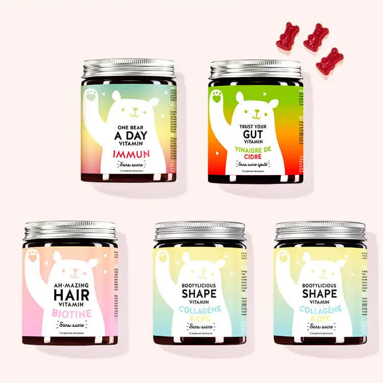 Set de 5 "Complete Beauty Bundle" comprenant les vitamines One Bear A Day Immun Vitamins avec complexe multivitaminé, les vitamines Trust Your Gut Vitamins avec vinaigre de cidre, les vitamines Ah-mazing Hair Vitamin sans sucre avec biotine et les vitamines Bootylicious Shape Vitamins avec collagène et OPC de Bears with Benefits