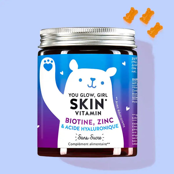 Cette photo représente une boîte du produit You Glow, Girl Skin avec biotine, zinc et hyaluron de Bears with Benefits.
