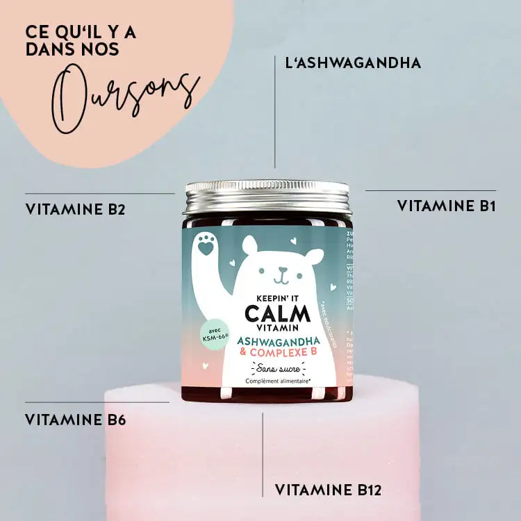 Ces ingrédients et nutriments se trouvent dans les vitamines Keepin' It Calm de Bears with Benefits : Ashwagandha, vitamine B1, B2, B6 et vitamine B12