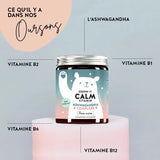 Ces ingrédients et nutriments se trouvent dans les vitamines Keepin' It Calm de Bears with Benefits : Ashwagandha, vitamine B1, B2, B6 et vitamine B12