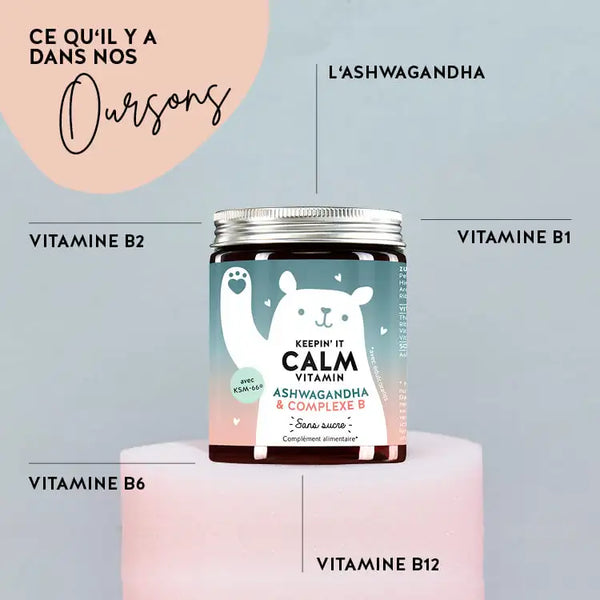 Ces ingrédients et nutriments se trouvent dans les vitamines Keepin' It Calm de Bears with Benefits : Ashwagandha, vitamine B1, B2, B6 et vitamine B12