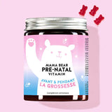 Une boîte de Mama Bear Pre-Natal Vitamins avec les acides gras oméga 3 EPA et DHA de Bears with Benefits avant et pendant la grossesse.