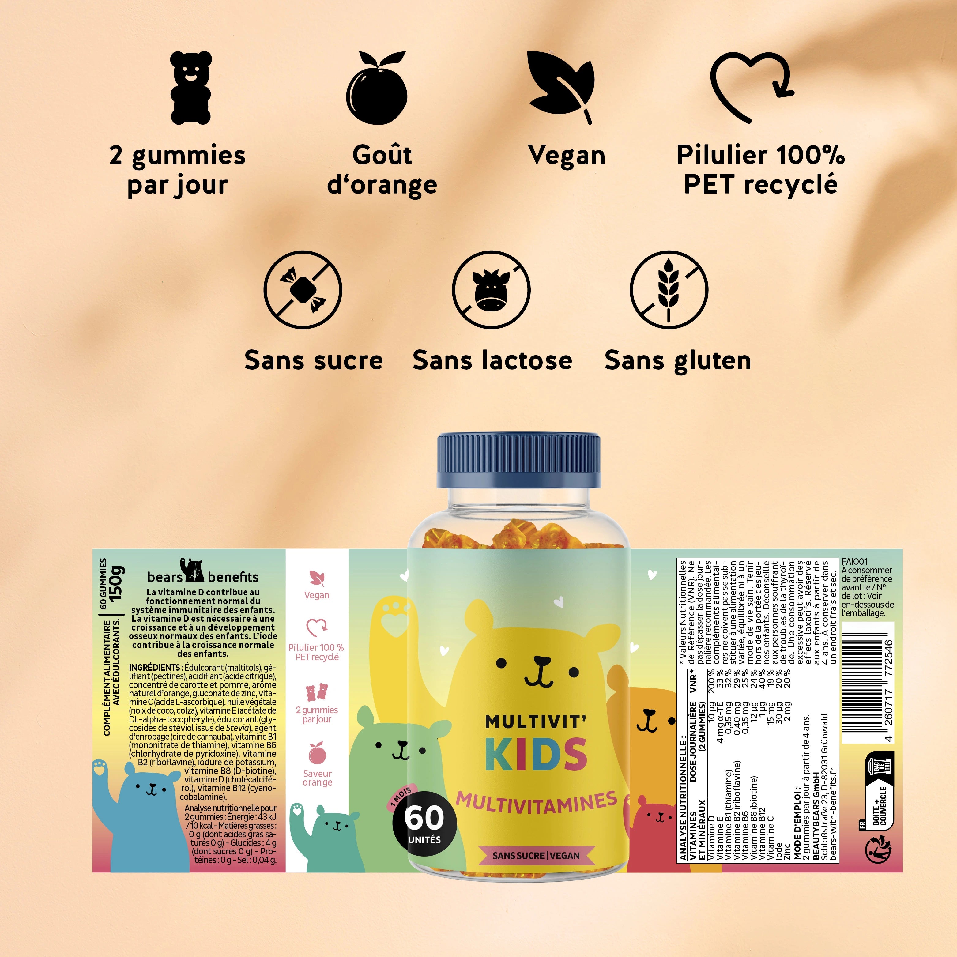 Étiquette des ingrédients : une boîte de Multivit' Kids – enrichie en multivitamines pour la croissance des enfants. | Bears with Benefits