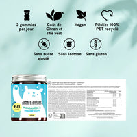 Dose recommandée, goût et avantages du produit Jambes Légères Drainage & Circulation aider à réduire la rétention d’eau, soulager la sensation de jambes lourdes et soutenir la santé du tissu conjonctif. l Bears with Benefits