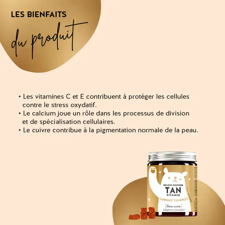 Voici comment fonctionne Golden Goddess Tan with Beta Carotene : les vitamines C et E aident à protéger les cellules du stress oxydatif, le calcium joue un rôle dans la division et la spécialisation des cellules et le cuivre contribue à une pigmentation normale de la peau.