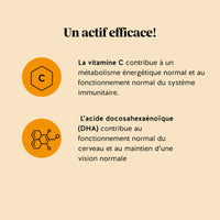 Effets des gummies Bien-être Oméga-moi ! de Bears with Benefits pour soutenir le système immunitaire, contribuer à la vitalité quotidienne et apporter des oméga-3 d’origine végétale grâce au DHA et à la vitamine C. l Bears with Benefits 