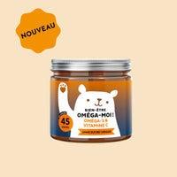 Image du boîte de 45 gummies Bien-être Oméga-moi ! de Bears with Benefits, formule vegan sans sucre au goût naturel d’orange avec DHA issu d’huile de microalgue Schizochytrium sp. et vitamine C. l Bears with Benefits