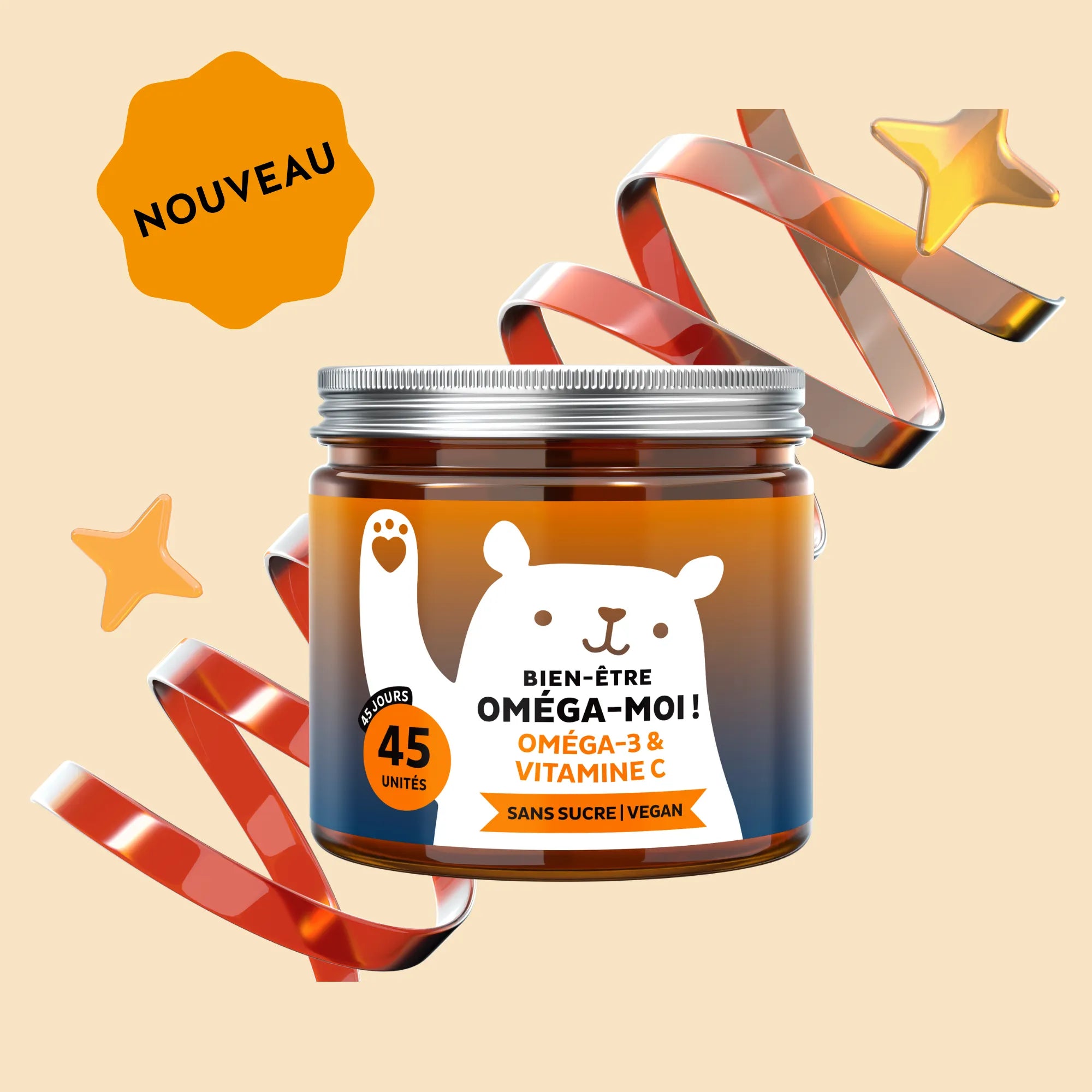Image du boîte de 45 gummies Bien-être Oméga-moi ! de Bears with Benefits, formule vegan sans sucre au goût naturel d’orange avec DHA issu d’huile de microalgue Schizochytrium sp. et vitamine C. l Bears with Benefits