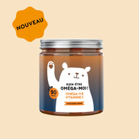 Image du pot de 90 gummies Bien-être Oméga-moi ! de Bears with Benefits, formule vegan sans sucre au goût naturel d’orange avec DHA issu d’huile de microalgue Schizochytrium sp. et vitamine C.