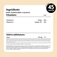 Tableau des valeurs nutritionnelles et substances actives de Bien-être Oméga-moi ! par dose journalière (1 gummy) : vitamine C 20 mg (25 % VNR), vitamine E 1,8 mg (15 % VNR), DHA 50 mg. l Bears with Benefits