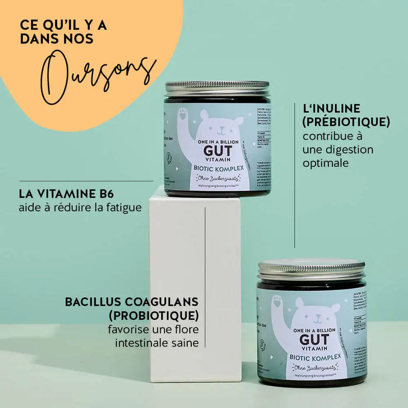 Ces ingrédients et nutriments se trouvent dans les vitamines One in a Billion Gut de Bears with Benefits: Bacillus Coagulans (probiotique), l'inuline (prébiotique) et La Vitamine B6.
