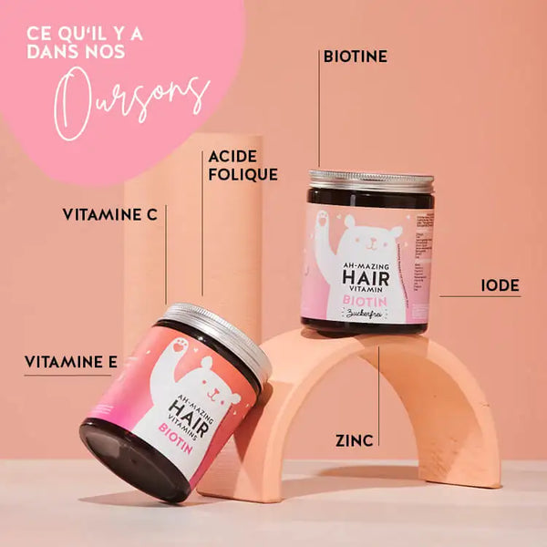 Ces ingrédients et nutriments se trouvent dans les vitamines Ah-mazing Hair de Bears with Benefits : Biotine, acide folique, iode, zinc, vitamine B6, C et vitamine E