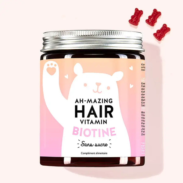 Une boîte de Ah-mazing Hair Vitamins sans sucre avec biotine pour cheveux beaux et forts de Bears with Benefits