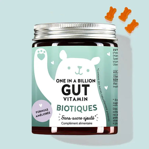 Une boîte de One In A Billion Gut Vitamin avec Bacillus coagulans, inuline et vitamine B6 de Bears with Benefits pour le ventre gonflé et les sensations de ballonnement