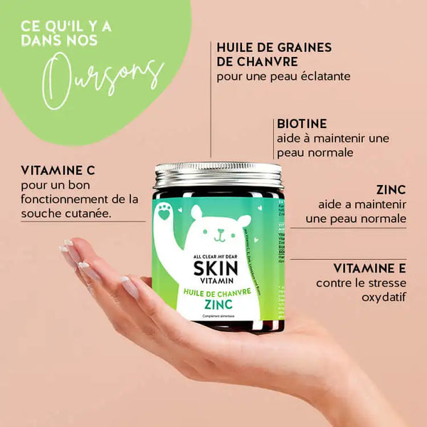 Ces ingrédients et nutriments se trouvent dans les vitamines All Clear My Dear Skin de Bears with Benefits : Huile de graines de chanvre, biotine, zinc, vitamine E et C