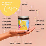 Ces ingrédients et nutriments se trouvent dans les vitamines Doin' It For The Kids de Bears with Benefits : Iode, zinc, biotine, acide folique, vitamine B2, B6, B12, C, vitamine D3, E et K2
