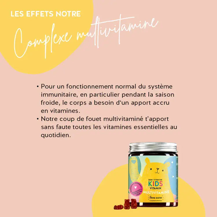 Voici comment agissent les vitamines Doin' It For The Kids avec complexe multivitaminé : pour un fonctionnement nominal du système immunitaire, surtout pendant la saison froide, l'approvisionnement en toutes les vitamines essentielles est assuré.