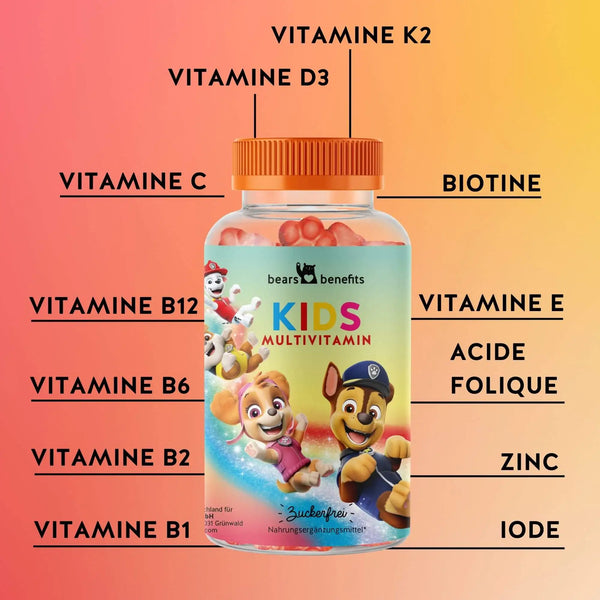 Sur cette image, les ingrédients des oursons Paw Patrol avec complexe multivitaminé pour enfants sont représentés. Vitamine K2, vitamine D3, vitamine C, vitamine B12, vitamine B6, vitamine B2, vitamine B1, biotine, vitamine E, acide folique, zinc et iode.