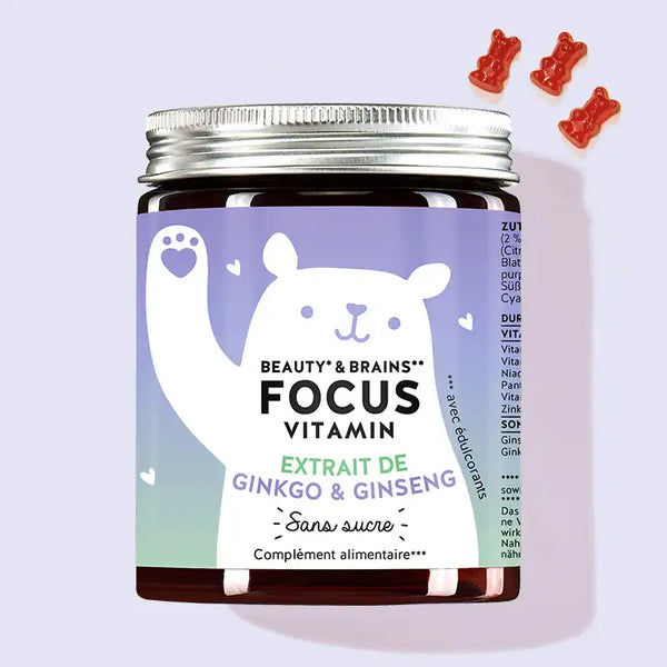 Cette photo représente une boîte du produit Beauty & Brains Focus avec des extraits de ginkgo & de ginseng de Bears with Benefits.