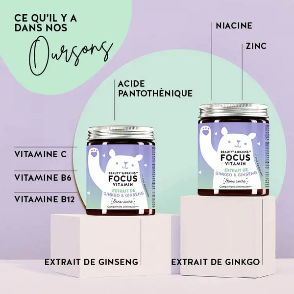 Cette image présente les ingrédients des oursons Beauty & Brains Focus au ginkgo & à l'extrait de ginseng. Ginkgo, extrait de racine de ginseng, vitamine B12, vitamine B6, vitamine C, acide pantothénique, niacine et zinc.