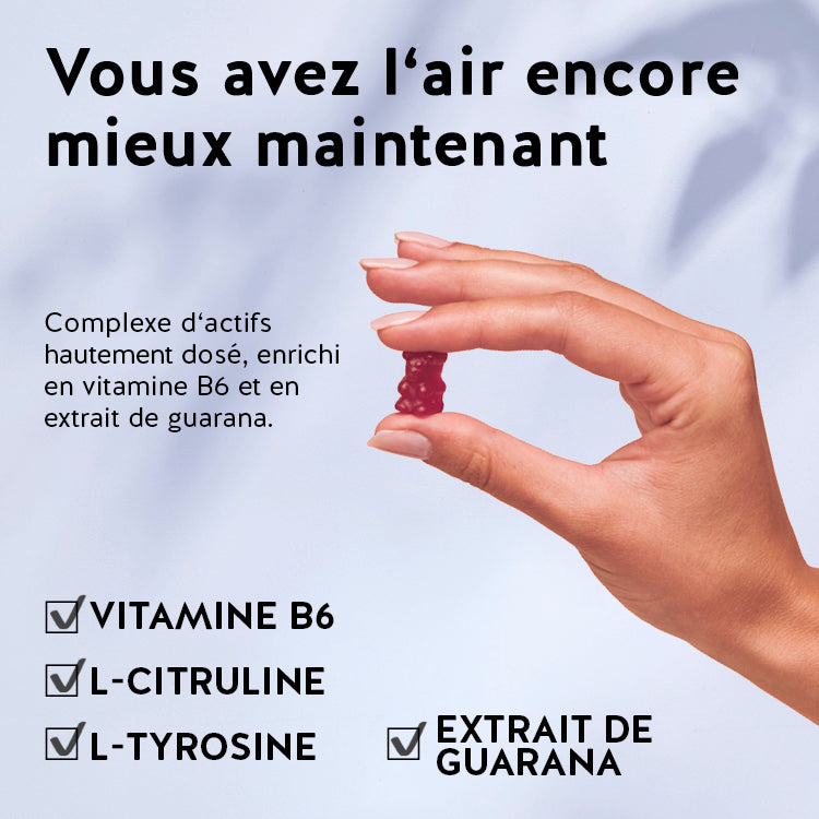 Ces ingrédients et nutriments se trouvent dans les vitamines Forme Olympique de Bears with Benefits : L-citrulline, la Vitamine B6, le guarana et l-tyrosine.