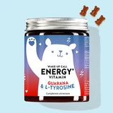 Une boîte de Wake-Up Call Energy Vitamins avec l'extrait de guarana et L-tyrosine de Bears with Benefits pour le coup de pouce énergétique naturel.