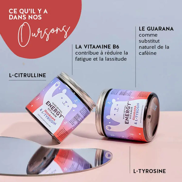 Ces ingrédients et nutriments se trouvent dans le Wake-Up Call Energy Vitamins de Bears with Benefits : L-citrulline, vitamine B6, guarana et L-tyrosine.