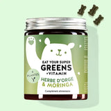 Une boîte de Eat your Super Greens Vitamins avec herbe d'orge, moringa et 6 plantes de Bears with Benefits pour un effet bénéfique sur tout l'organisme.