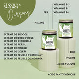 Ces ingrédients et nutriments se trouvent dans les vitamines Eat your Super Greens de Bears with Benefits : Vitamine B12, B1, niacine, vitamine B6, acide folique, acide pantothénique, zinc, fer, extrait de feuille d'artichaut, extrait de feuille de moringa, extrait de brocoli, extrait d'herbe d'orge, extrait de chlorelle, extrait de persil, extrait d'épinard, extrait de céleri, inuline.