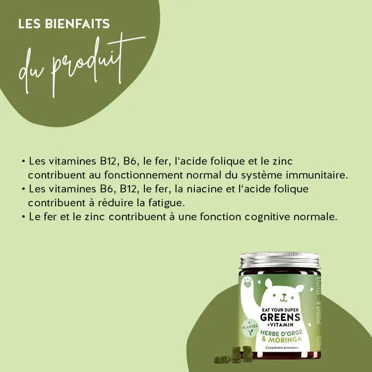 Voici comment agissent les vitamines Eat your Super Greens à l'herbe d'orge : ,Les vitamines B12, B6, le fer, l'acide folique et le zinc contribuent à un fonctionnement normal du système immunitaire. Les vitamines B6, B12, le fer, la niacine et l'acide folique contribuent à réduire la fatigue et l'épuisement. Le fer et le zinc contribuent à une fonction cognitive normale.