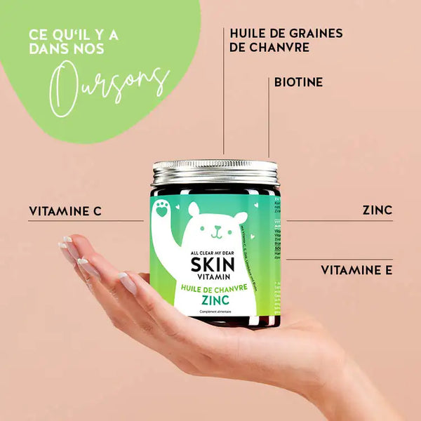 Ces ingrédients et nutriments se trouvent dans les vitamines All Clear My Dear Skin de Bears with Benefits : Huile de graines de chanvre, biotine, zinc, vitamine E et C