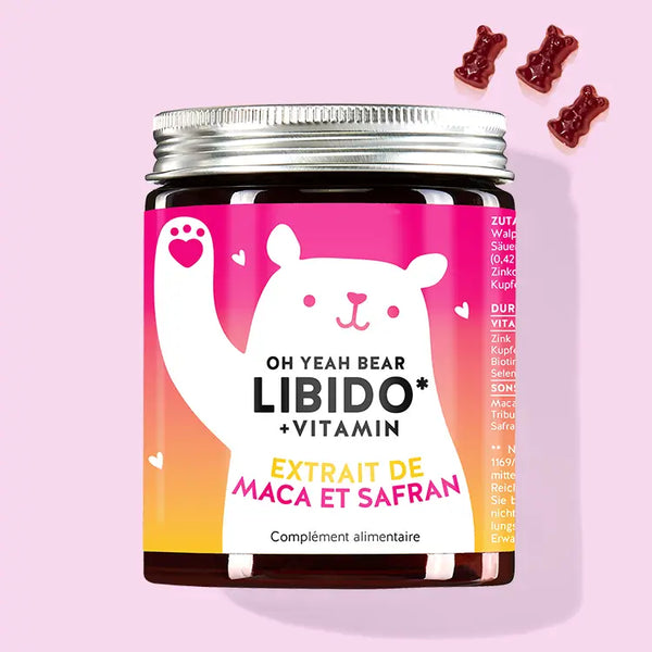 Cette photo représente une boîte du produit Oh Yeah Bear Libido Vitamin avec des extraits de maca et de safran de Bears with Benefits.
