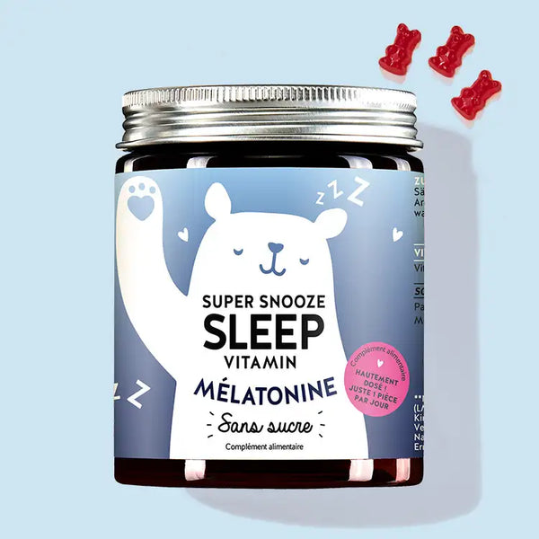 Un boîte de Super Snooze Sleep Vitamins avec mélatonine pour un sommeil réparateur de Bears with Benefits
