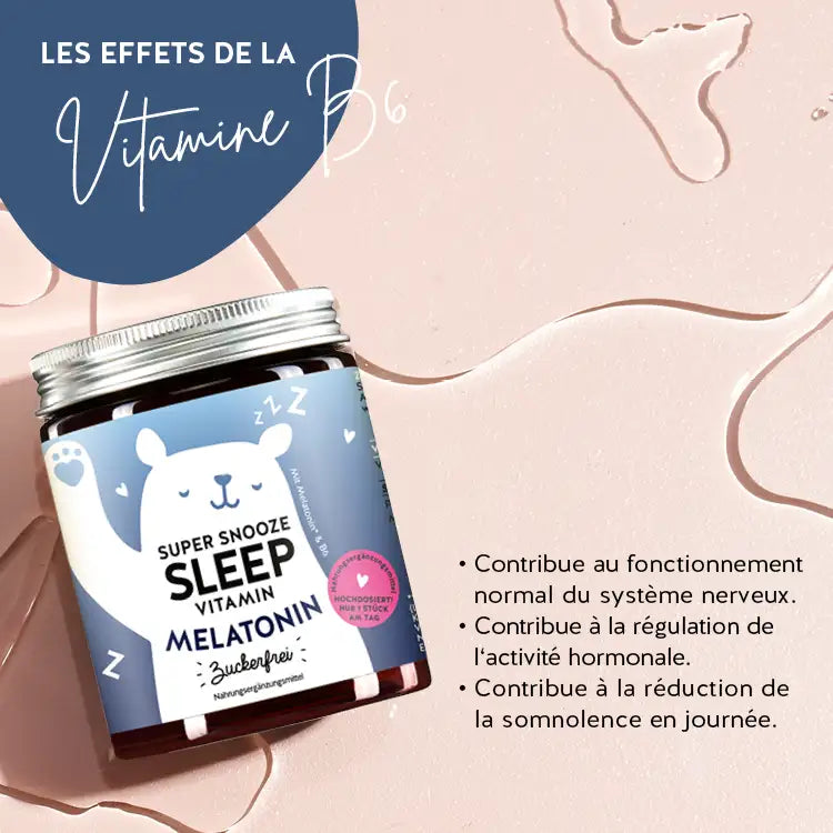 Voici comment agissent les vitamines Super Snooze Sleep avec la vitamine B6 : contribue à un fonctionnement normal du système nerveux, contribue à la régulation de l'activité hormonale et contribue à réduire la fatigue diurne.