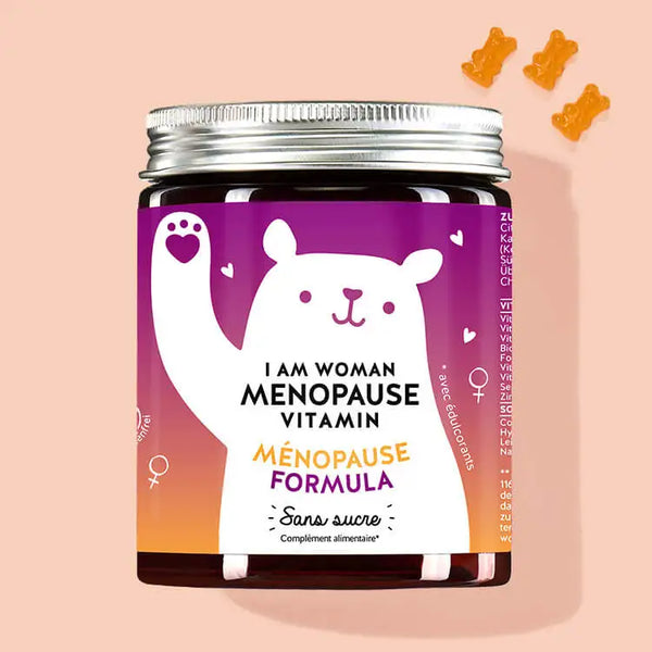 Une boîte de Vitamines I am Woman Menopause avec Huile de grain de lin et Huile de graine d´onagre bisanuell de Bears with Benefits pour le Menopause.