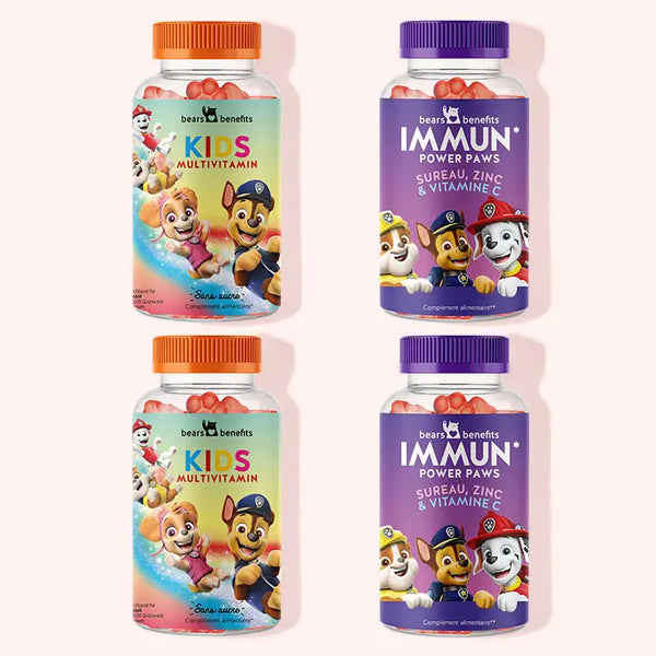 Bundle de 4 pièces "Paw-erful Bundle" de Bears with Benefits comprenant les vitamines Paw Patrol avec multivitamines et les vitamines Immun Power Paw avec baies de sureau.