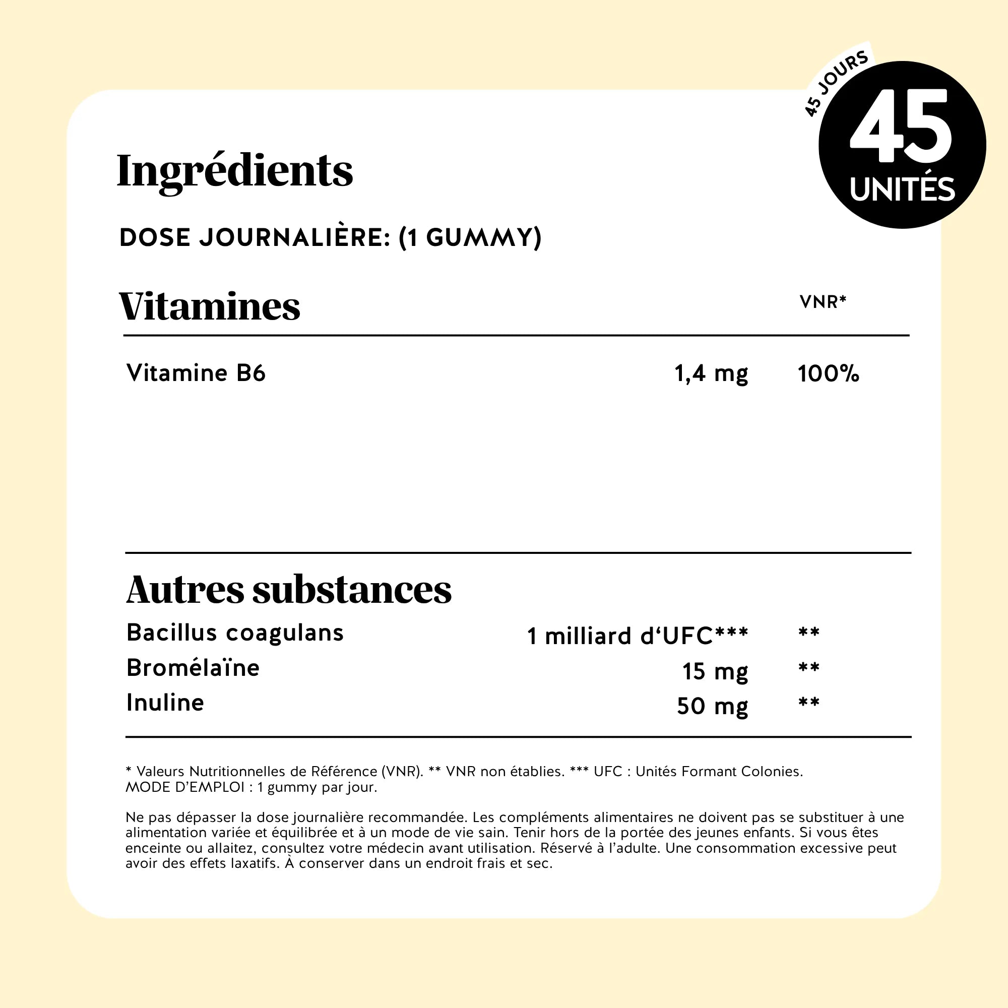Bears with Benefits Pour Digérer le Quotidien – liste complète des ingrédients des gummies vegan et sans sucre à la digestion.