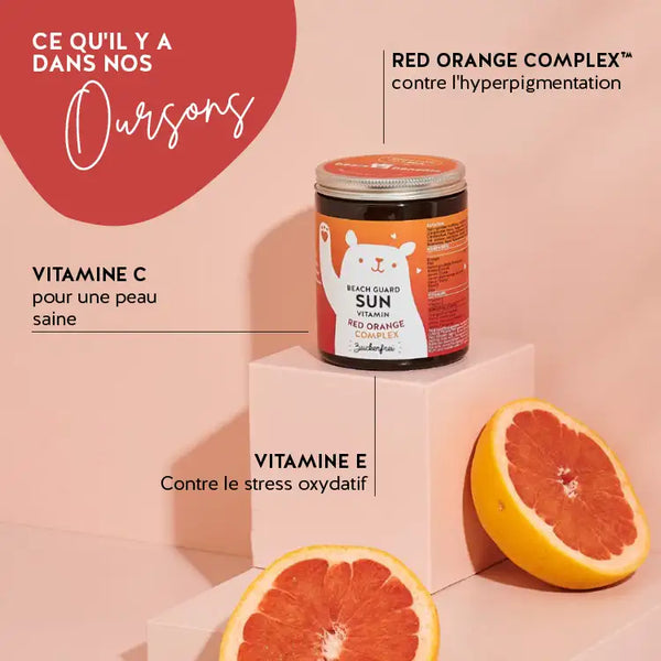 Ces ingrédients et nutriments se trouvent dans les vitamines Beach Guard Sun de Bears with Benefits : Red Orange Complex, vitamine C et E