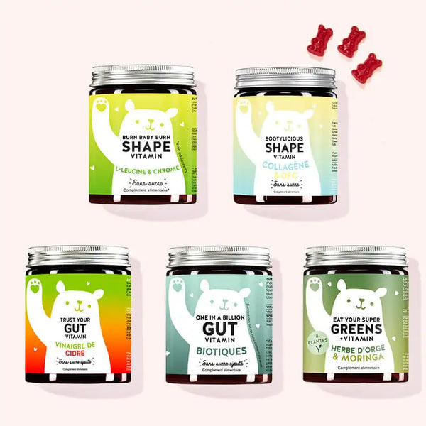 Set de 5 "Pack - modelez votre sillhouette" composé par les Vitamines Burn Baby Burn Shape avec extrait de thé vert et Chrome,, Bootylicious Shape avec collagène et OPC, Trust your Gut avec vinaigre de cidre, One in a Billion Gut avec biotiques, et les Vitamines Eat your Super Greens avec Herbe d'orge.