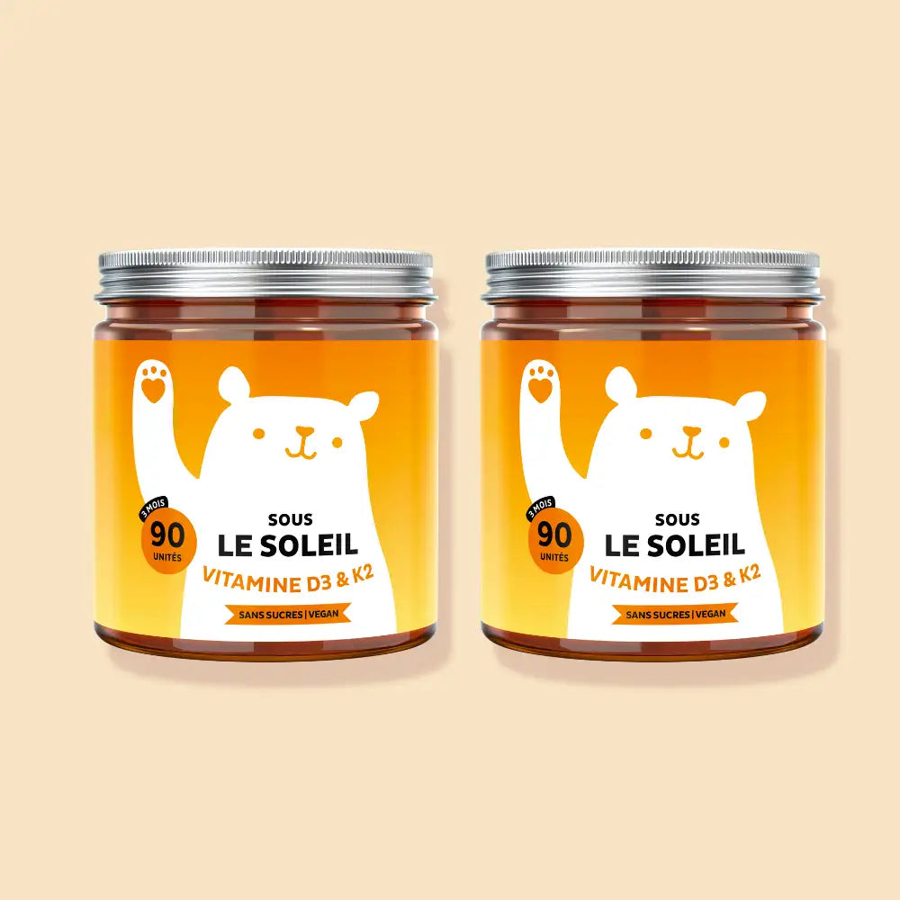 Bears with Benefits Sous le Soleil – lot de 2 gummies vegan aux vitamines D3 et K2 pour l'ossature, 180 oursons (2 x 90) arôme citron.