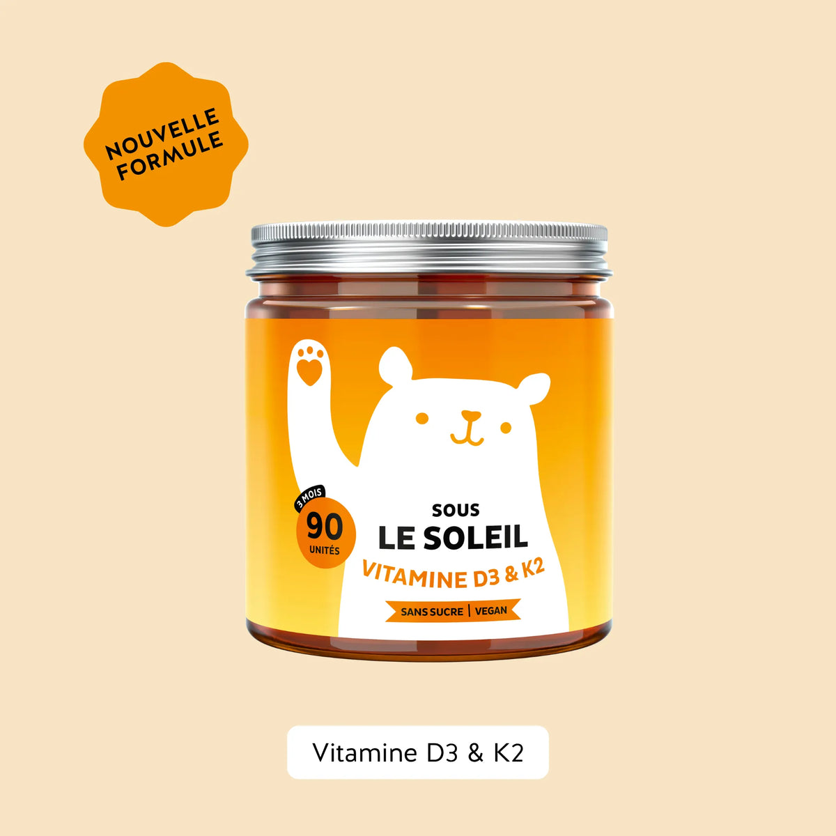 Bears with Benefits Sous le Soleil – gummies vegan sans sucre avec 25 µg de vitamine D3 et 25 µg de vitamine K2, 90 oursons arôme citron.