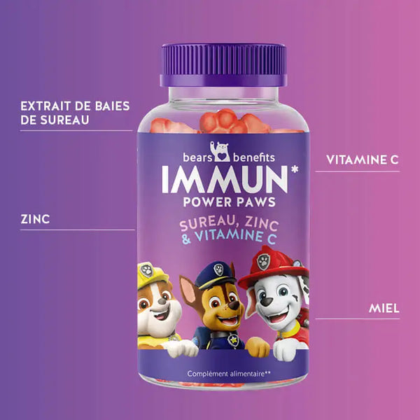 Cette image montre les ingrédients des oursons Immun Power Paws pour enfants aux baies de sureau. Extrait de baies de sureau, zinc, vitamine C et miel.