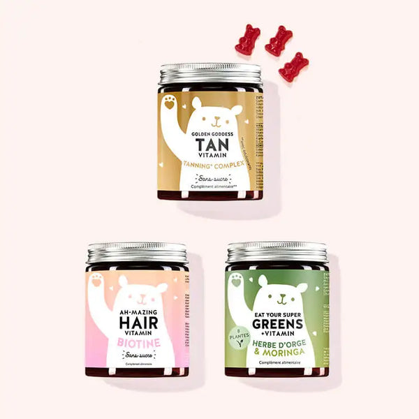 Set de 3 "Trio - En forme et bronzé" composé par les Vitamines Golden Goddess Tan avec Bêta-carotène, Ah-Mazing Hair avec biotine et les Vitamines Eat your Super Greens avec Herbe d'orge.