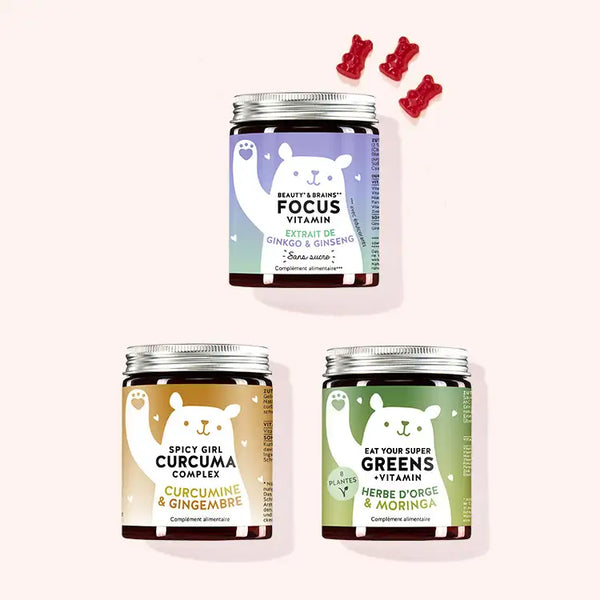 Coffret de 3 vitamines Fit durch das Tag de Bears with Benefits comprenant les vitamines Beauty & Brains Focus au ginkgo, les vitamines Spicy Girl au curcuma et les vitamines Eat Your Super Greens à l'herbe d'orge.