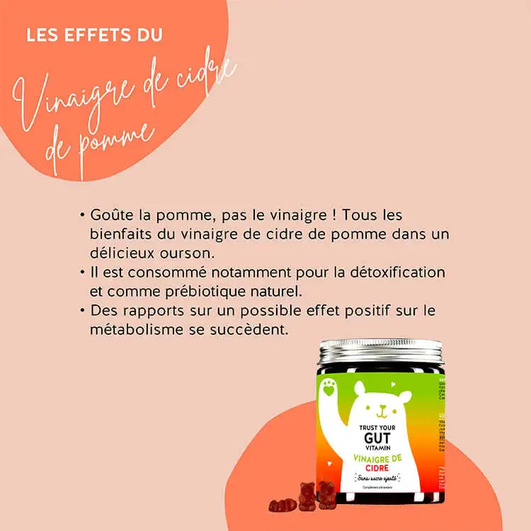 Voici comment agissent les Trust Your Gut Vitamins au vinaigre de cidre : avec un goût de pomme au lieu de vinaigre, le vinaigre de cidre est notamment consommé pour éliminer les toxines et comme prébiotique naturel. Les rapports sur un éventuel effet positif sur le métabolisme se multiplient.