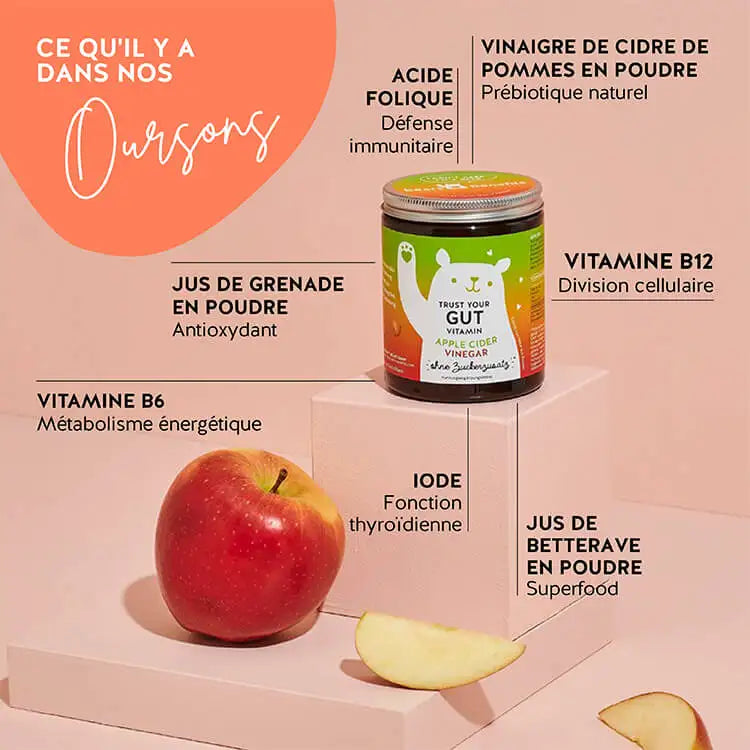 Ces ingrédients et nutriments se trouvent dans les vitamines Trust Your Gut de Bears with Benefits : Vinaigre de cidre, acide folique, iode, vitamine B6 et vitamine B12.