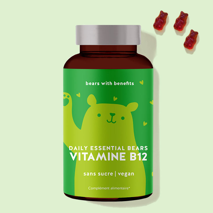 Cette photo montre un paquet de Daily Essential Bears vitamine B12 de Bears with Benefits.
