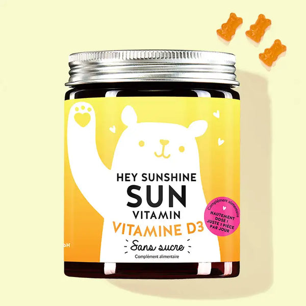 Une boîte de vitamines Hey Sunshine Sun avec vitamine D pour les système immunitaire, les os et les muscles