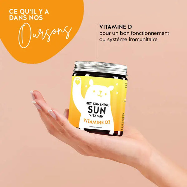 Ces ingrédients et nutriments se trouvent dans les vitamines Hey Sunshine Sun de Bears with Benefits : Vitamine D