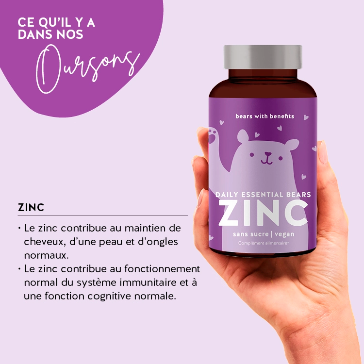 Cette image montre les ingrédients du produit Daily Essential Bears avec zinc de Bears with Benefits.